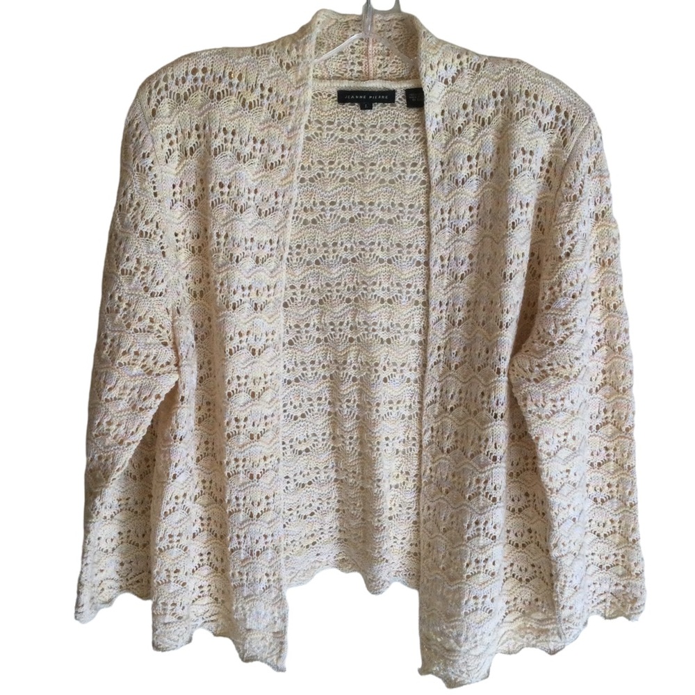 Jeanne Pierre Crochet Open Knit Front Cardigan Sweater Pastel Colors. Si…